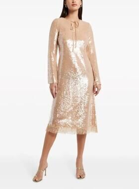 Simkhai Natalina Sequin Midi Dress Womens 2 Ginger Root Tan Long Sleeve $895